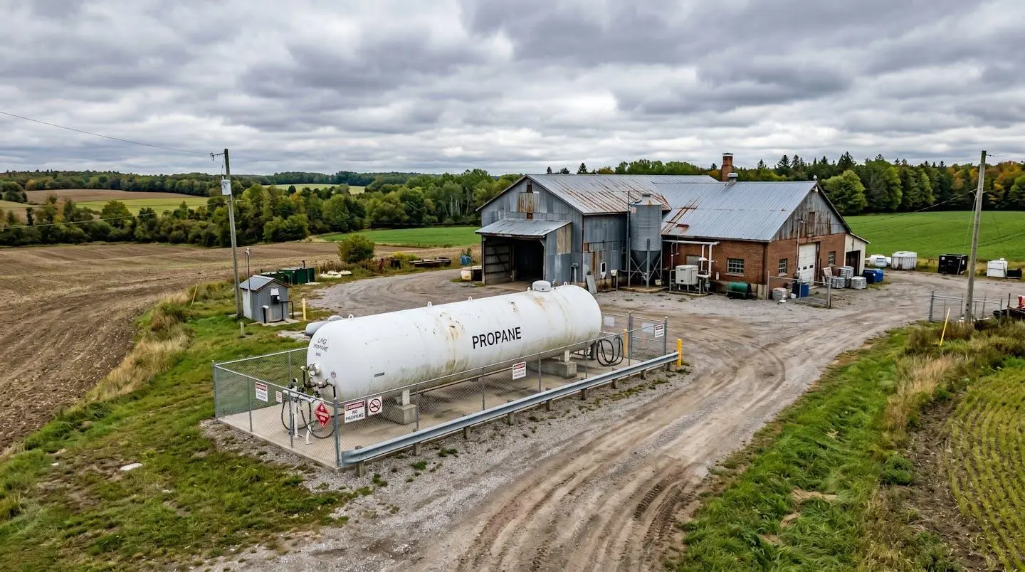 Citerne de gaz propane installée sur un site industriel isolé, entourée de végétation et d'un accès route rural