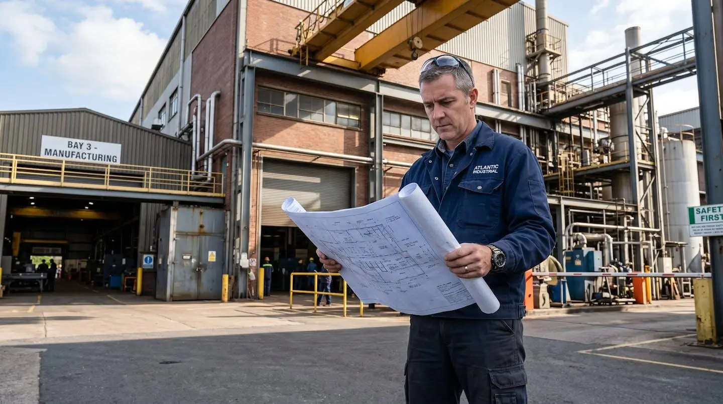 Responsable technique en tenue de travail examinant des plans de site industriel à l'extérieur d'un bâtiment de production
